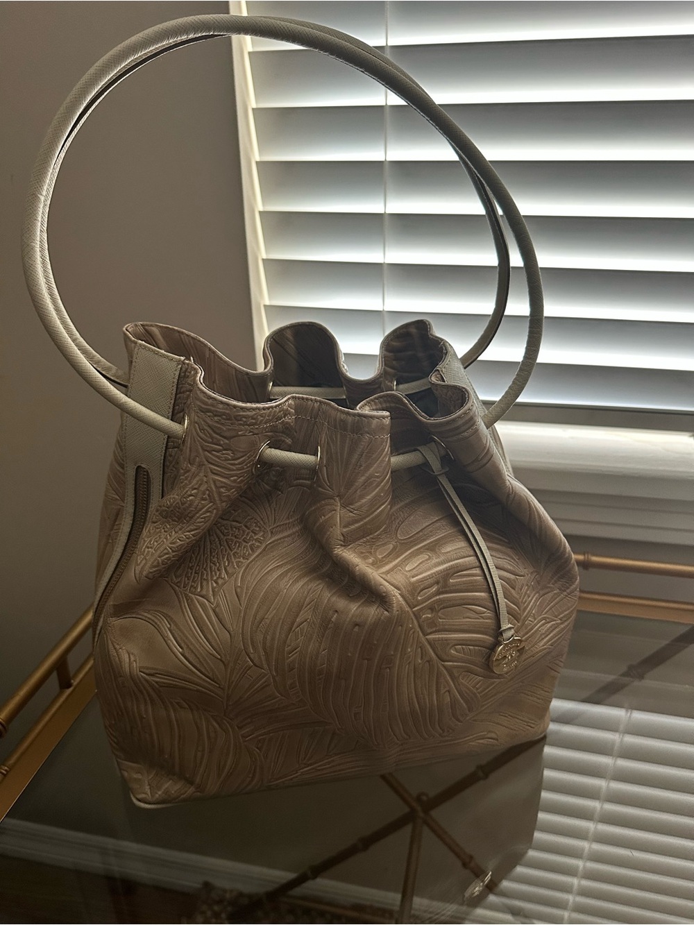 Brahmin Taupe Embossed Drawstring Bucket Bag